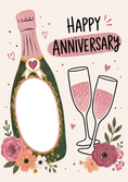 Load image into Gallery viewer, Pink Champagne Bottle Floral Photo Upload Anniversary Card