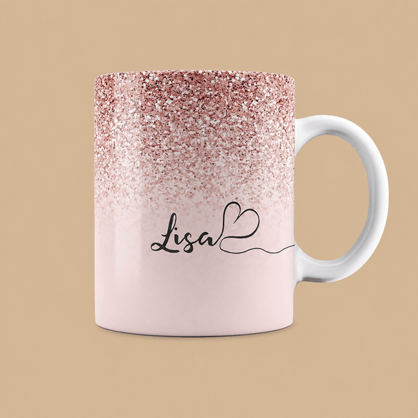 Personalised Pink Sparkle Fade Name & Heart Mug