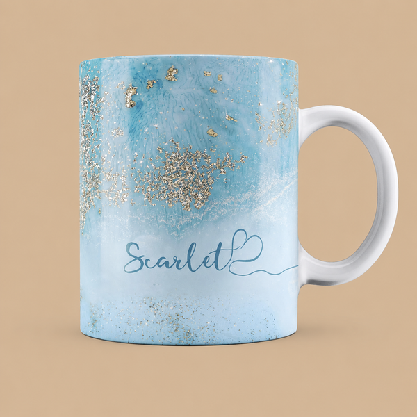 Personalised Light Blue Marble & Gold Sparkle Name Mug