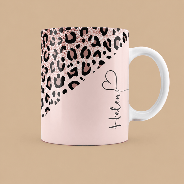 Personalised Leopard Print Pink Sparkle Fade Name Mug – 11oz