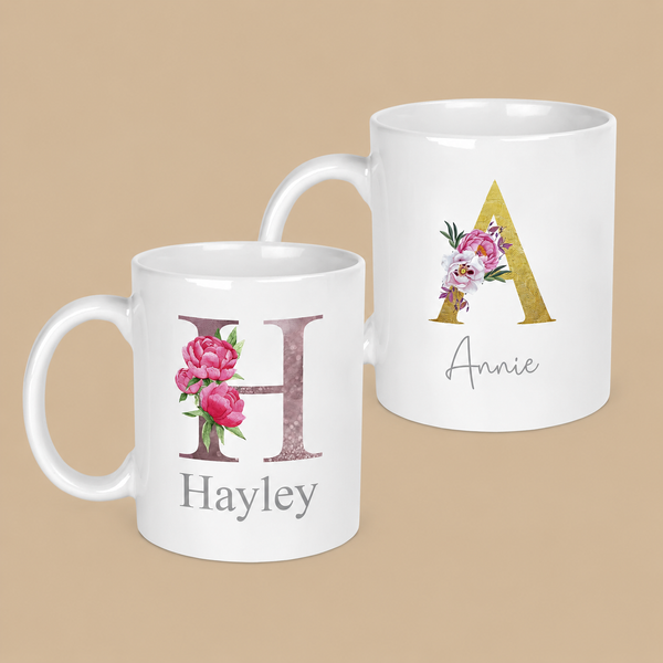 Personalised Floral Initial & Name Mug – Gold or Rose Gold, 11oz