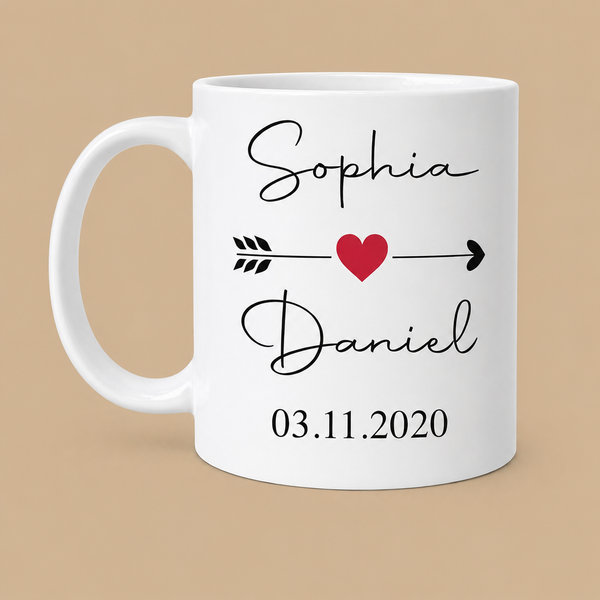 Personalised Couple Names & Date Heart Arrow Mug