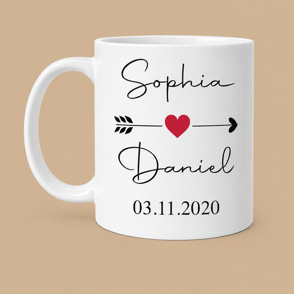 Personalised Couple Names & Date Heart Arrow Mug