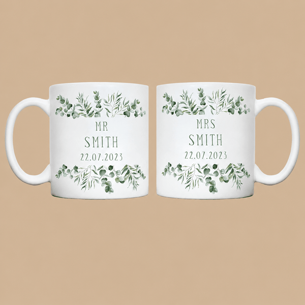 Personalised Eucalyptus Mr & Mrs Wedding Mug