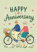Load image into Gallery viewer, Cute Elderly Couple Tandem Bicycle Anniversary Card