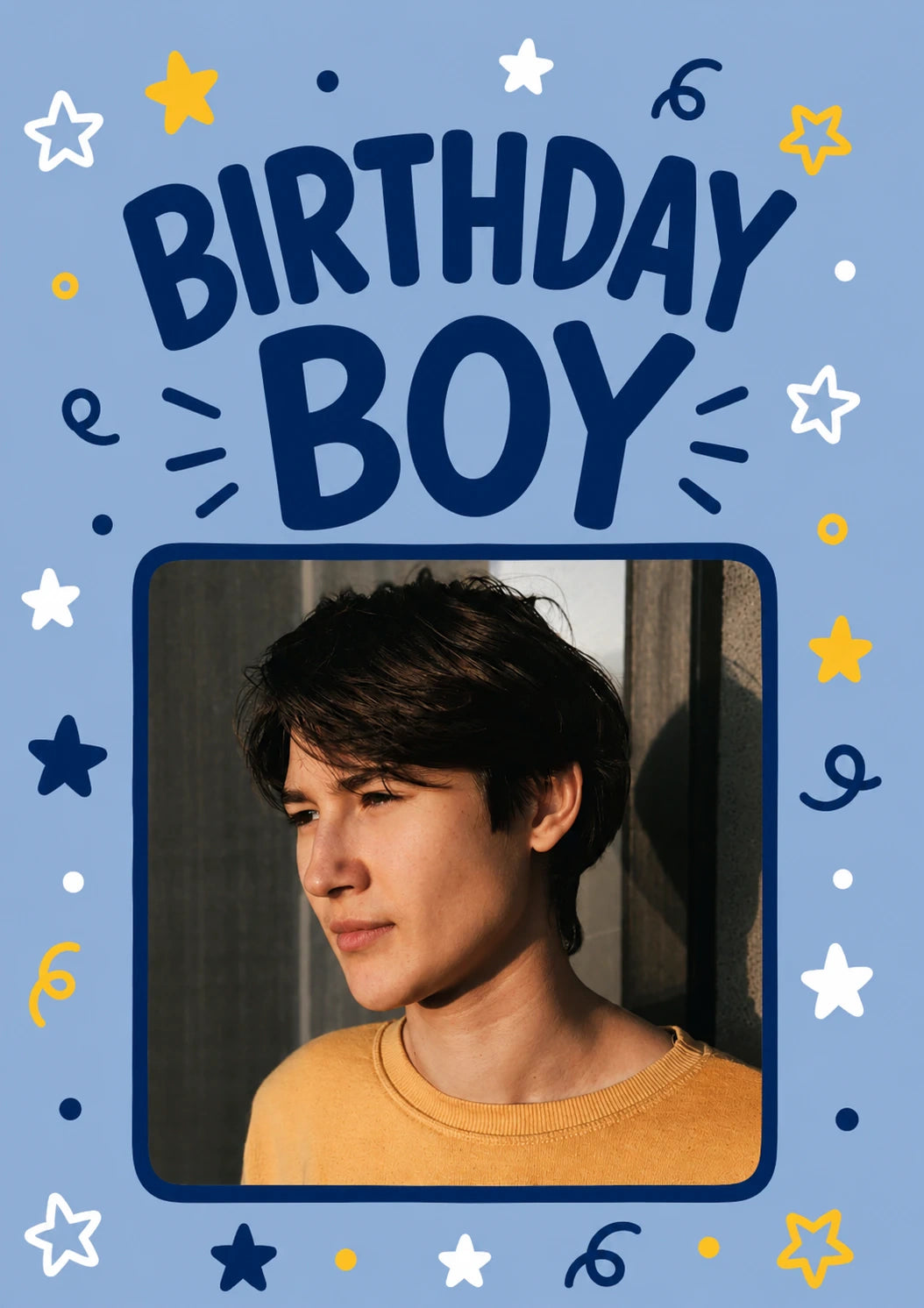 Birthday Boy Stars and Confetti Photo Upload Birthday Card for Him