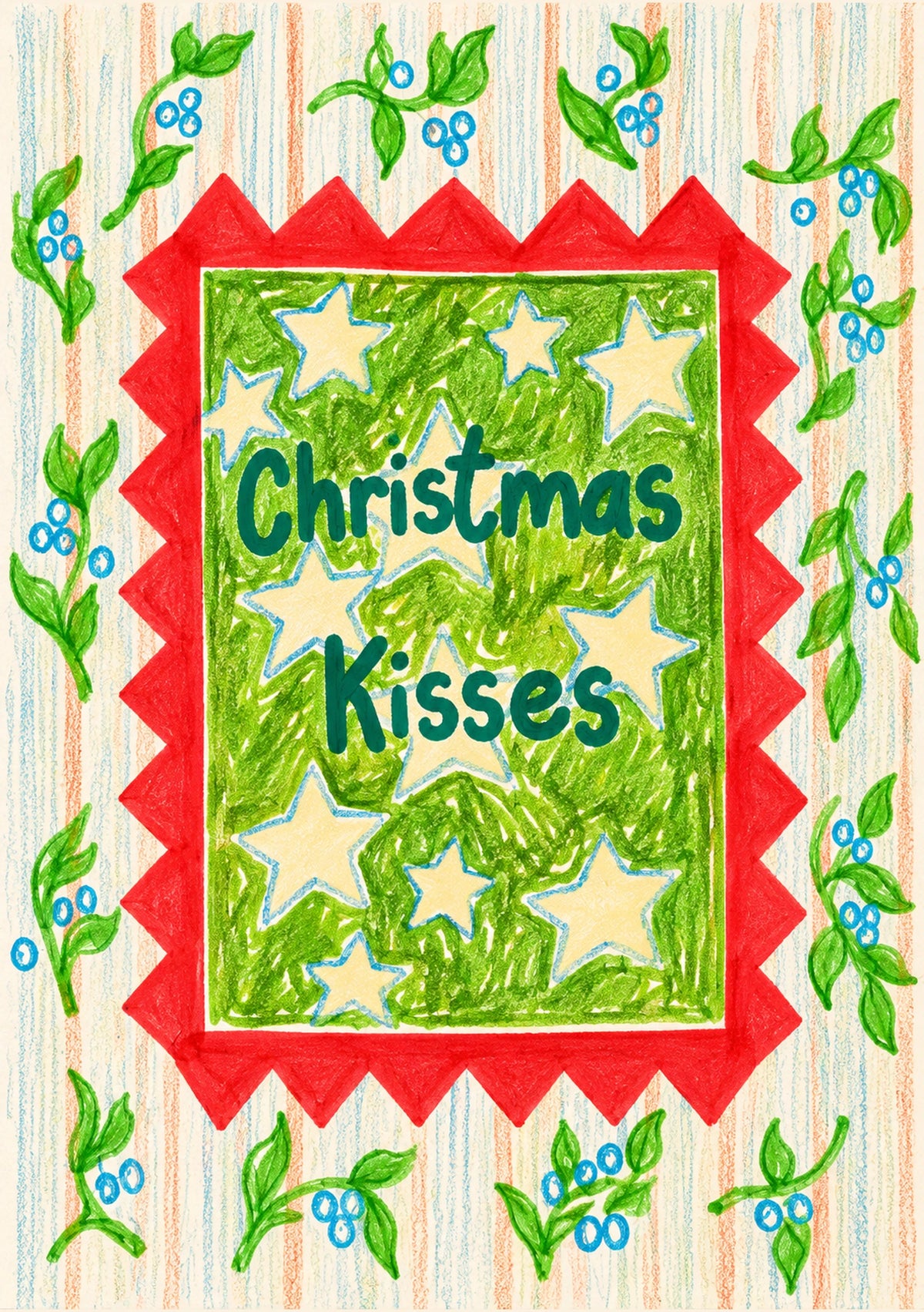 Green Stars Christmas Kisses Christmas Card