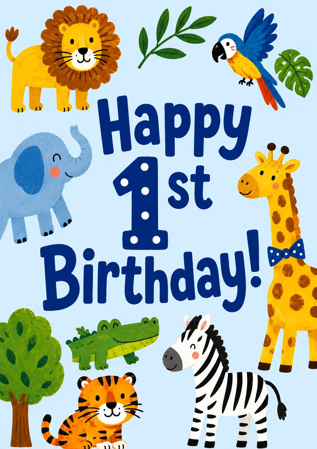 Jungle Safari Animals Happy 1st Birthday Card for Him