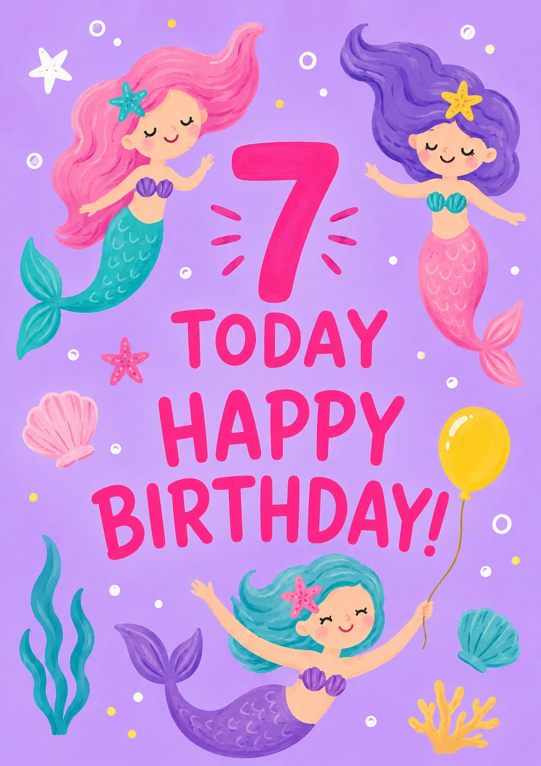 Cute Mermaid 7th Birthday Card for Her