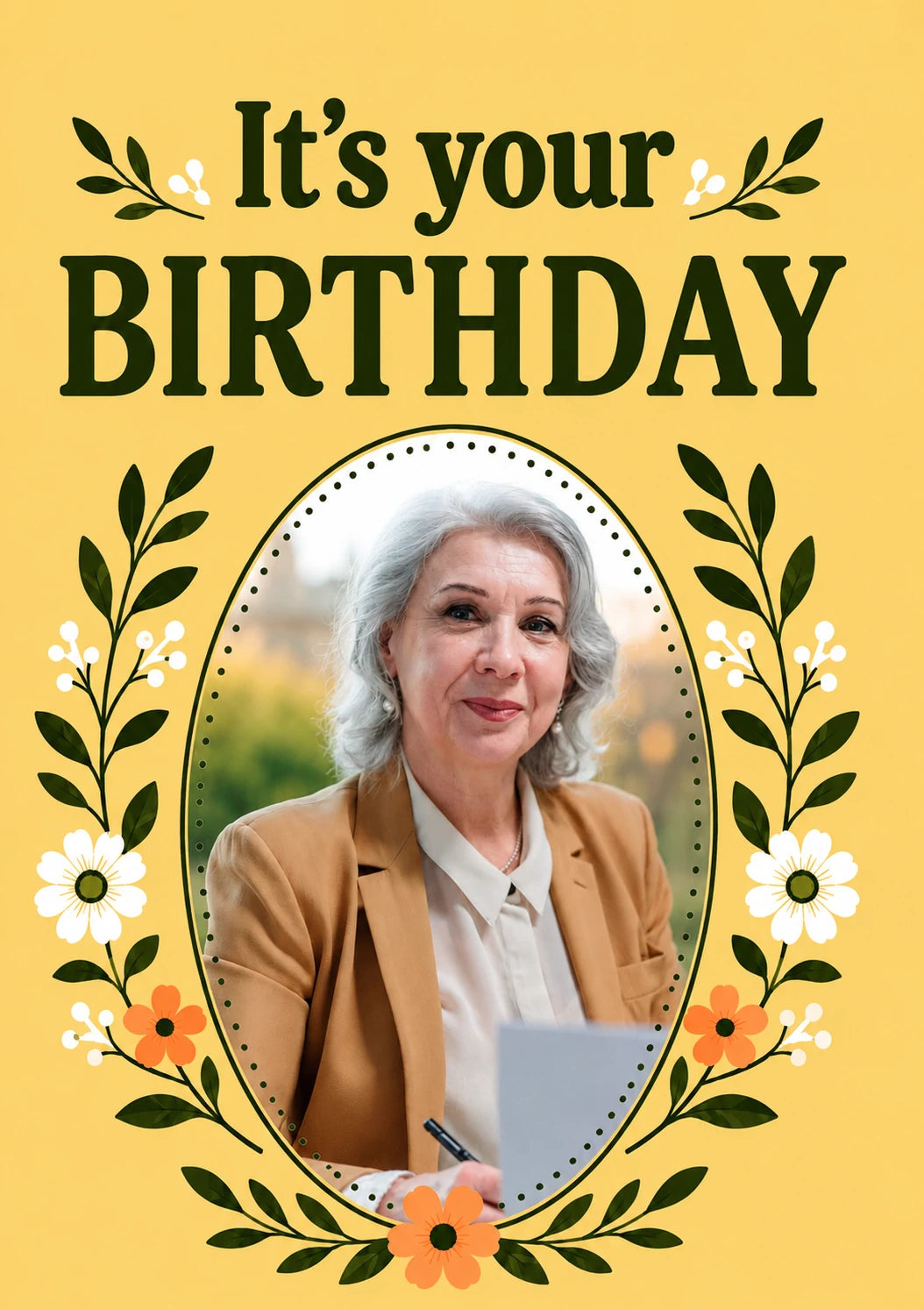 Floral Wreath Yellow Photo Upload 85th Birthday Card for Her