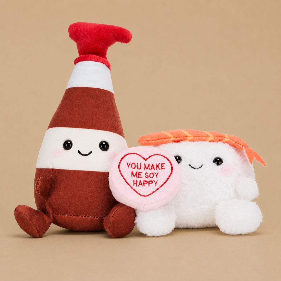 20cm Swizzels Love Hearts “You Make Me Soy Happy” Sushi and Soy Sauce Plush Soft Toy Pair