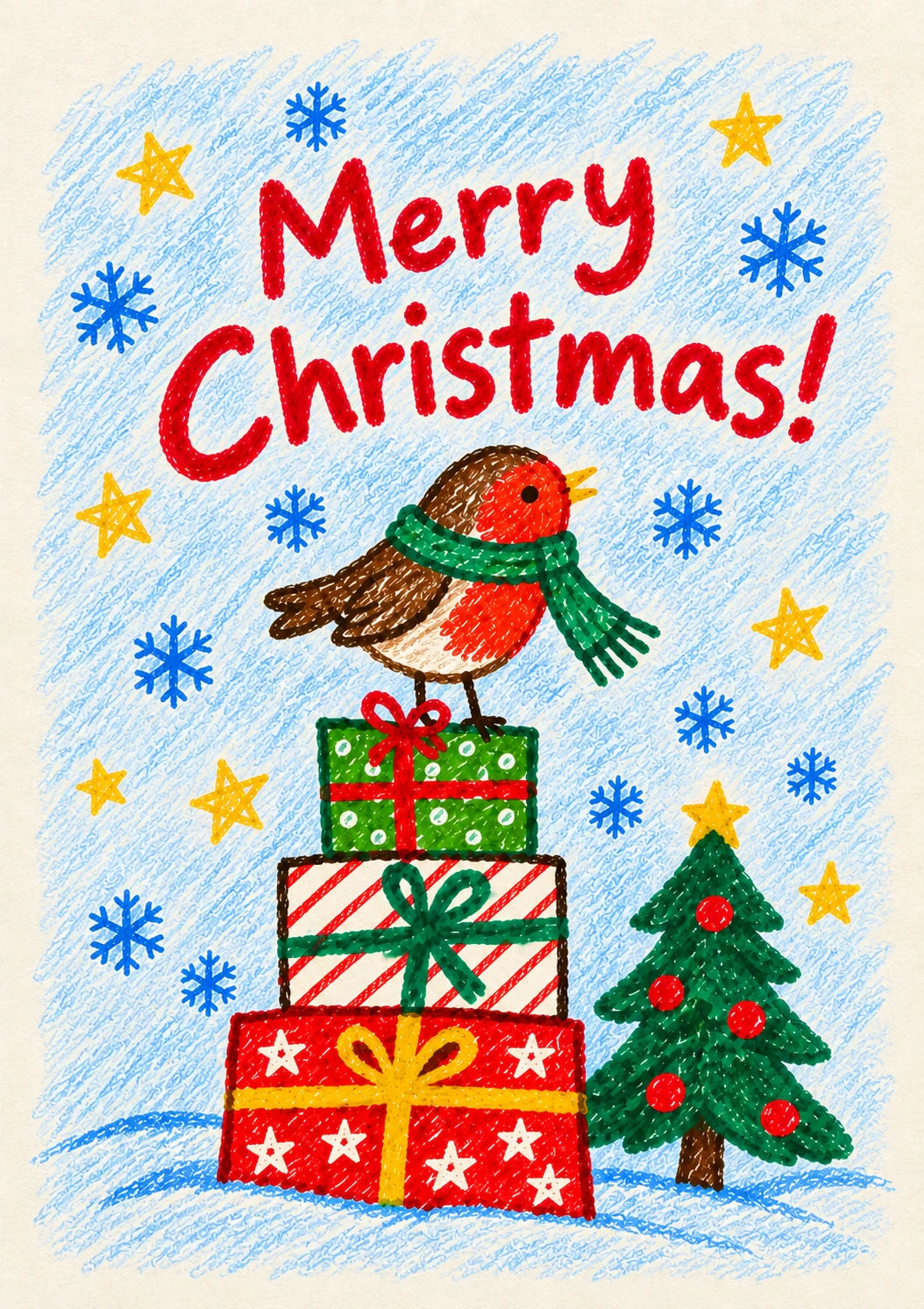 Robin Red Breast with Gifts Christmas Card for Kids