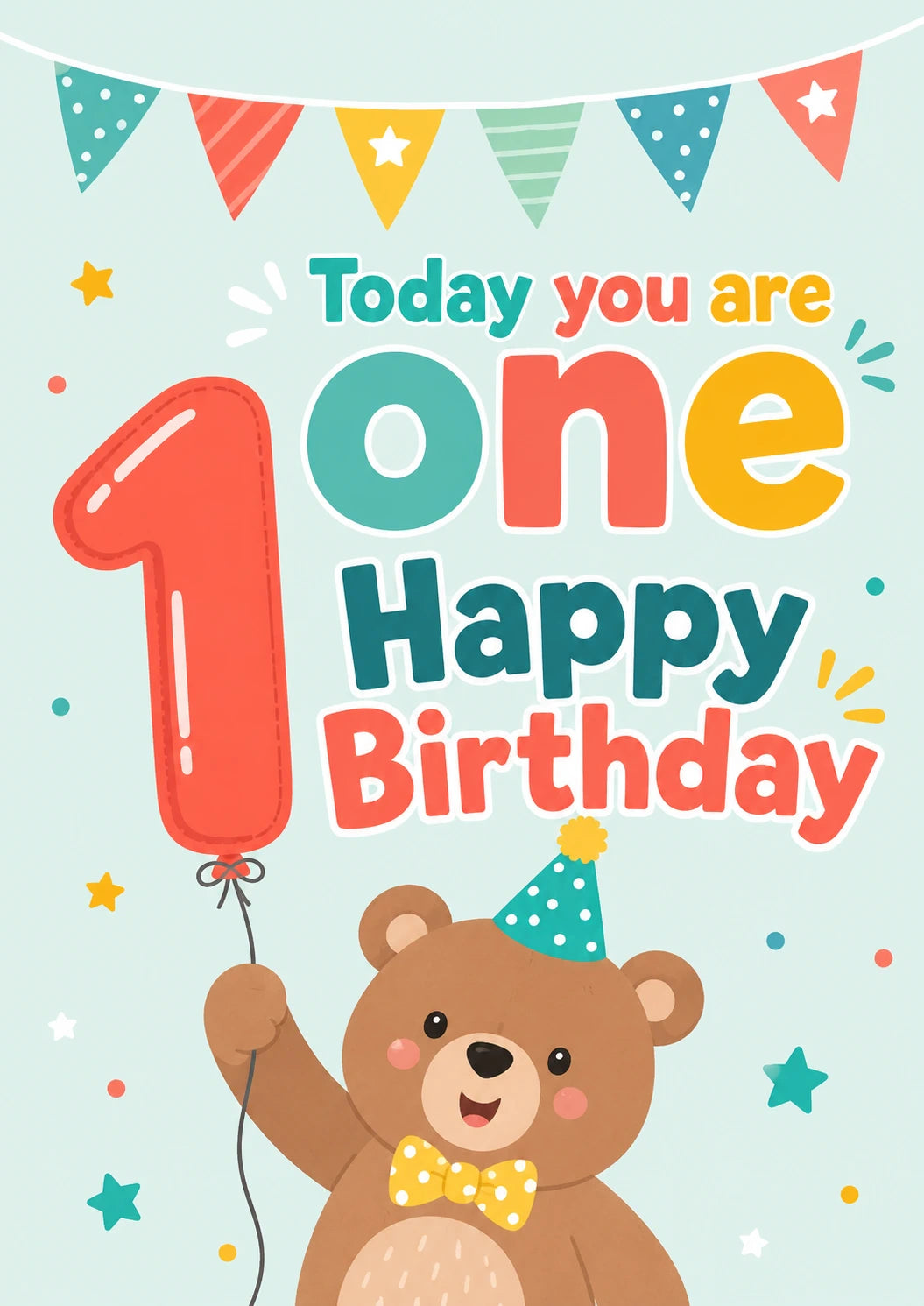Cute Teddy Bear Balloon 1st Birthday Card