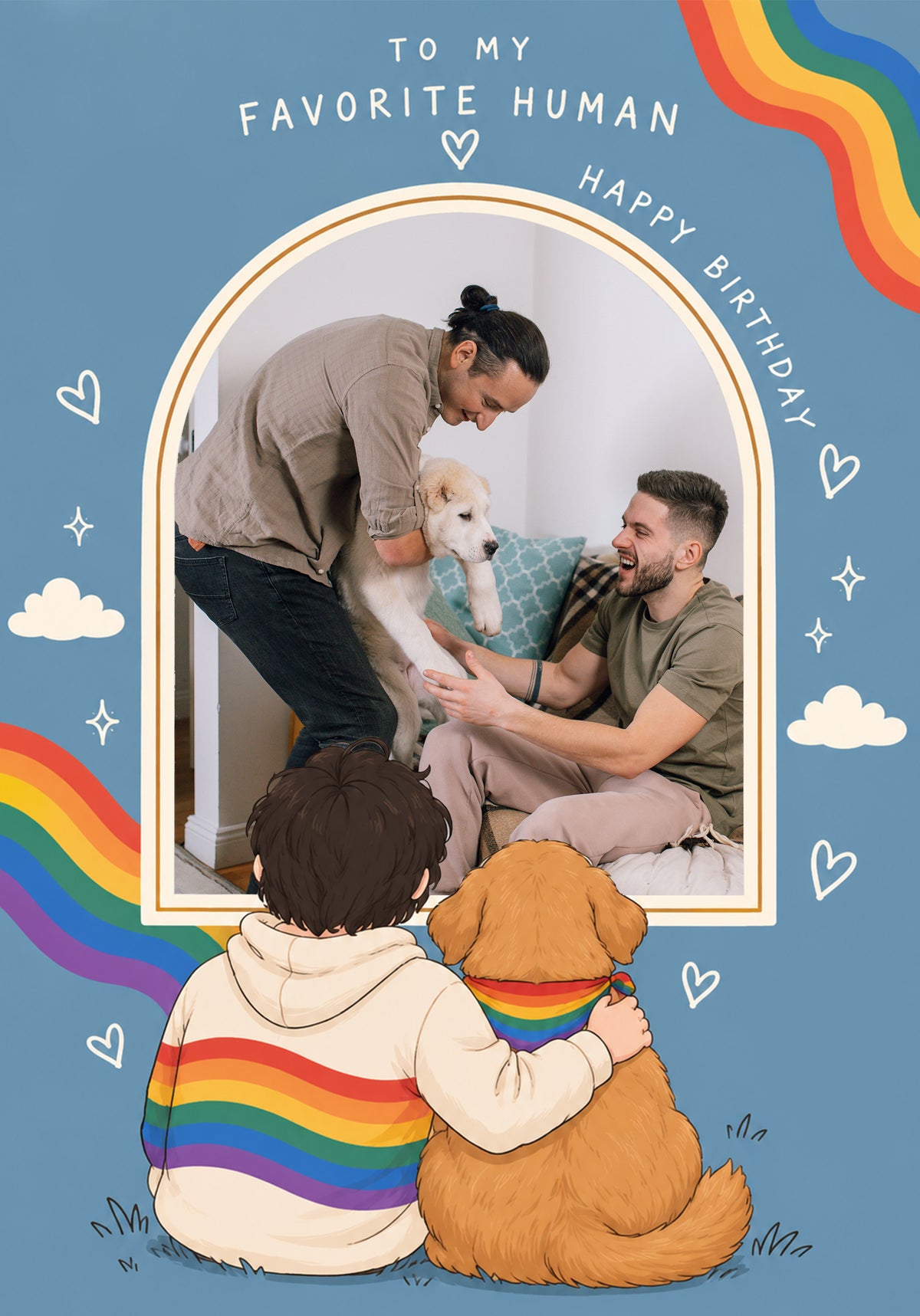 Rainbow Pride Boy and Dog Photo Upload Birthday Card