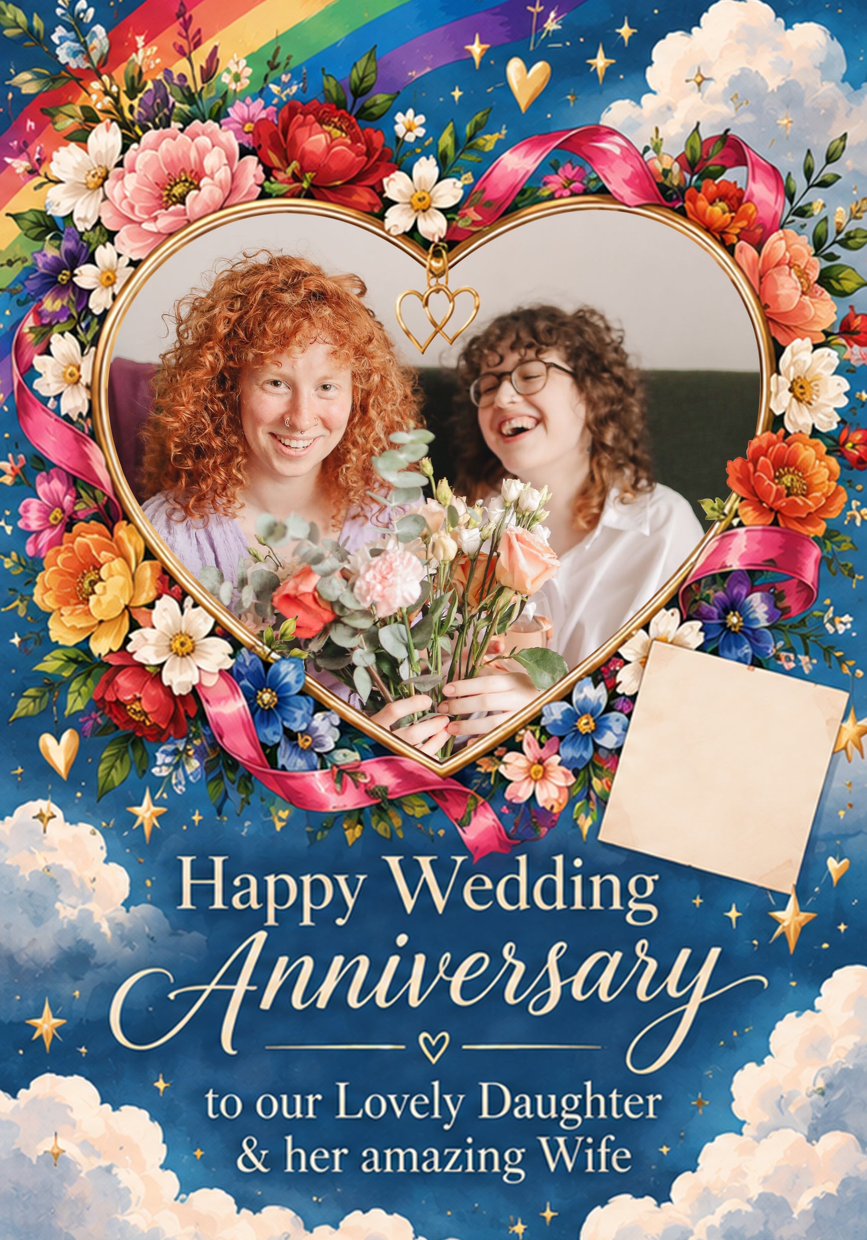 Rainbow Flowers Heart Photo Upload Anniversary Card for Her