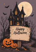 Load image into Gallery viewer, Haunted House Black Cat Halloween Card for Her
