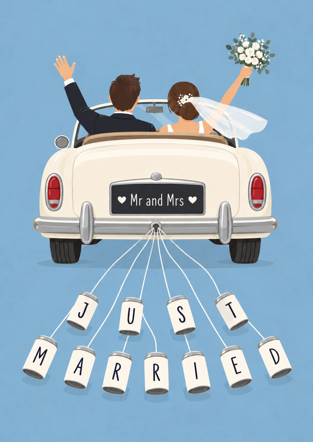 Just Married Tin Cans Convertible Wedding Card