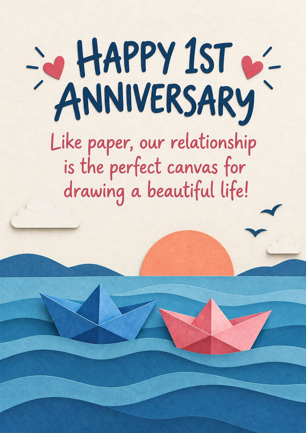 Paper Boats Sunset 1st Anniversary Card for Her