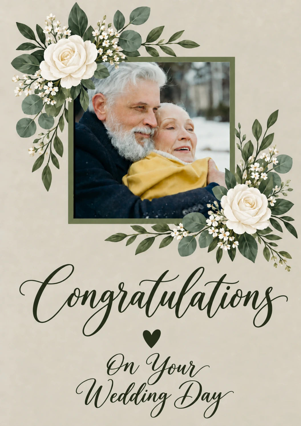 Green Floral White Rose Photo Upload Wedding Card