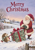 Load image into Gallery viewer, Santa and Hedgehog Snowy Scene Christmas Card for Him
