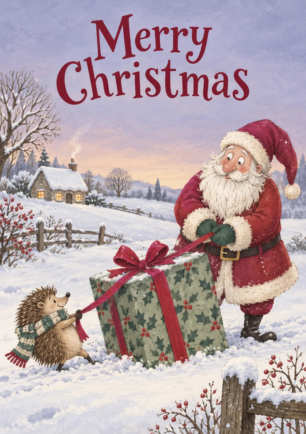 Santa and Hedgehog Snowy Scene Christmas Card for Him