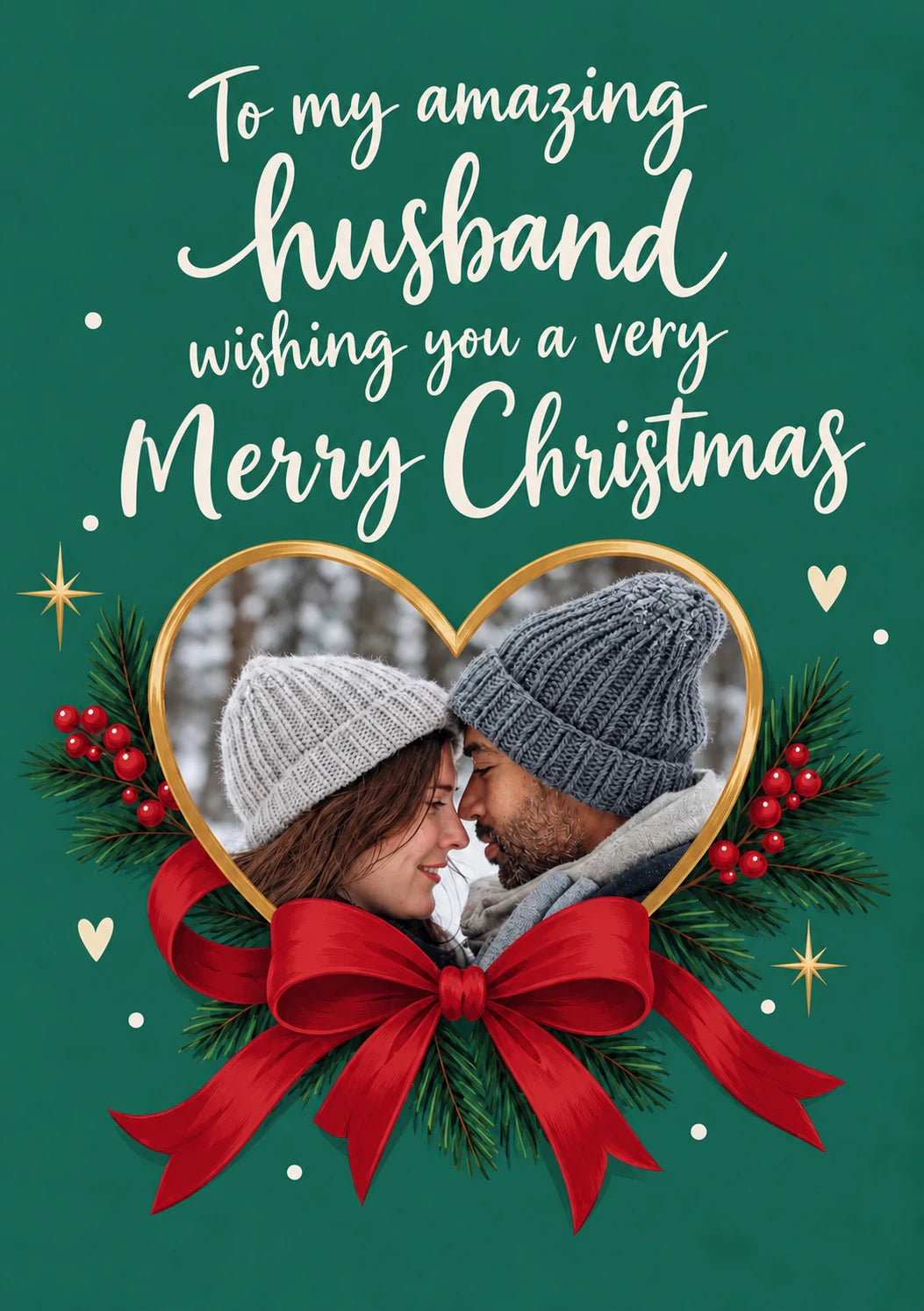 Heart Wreath Husband Photo Upload Christmas Card for Him