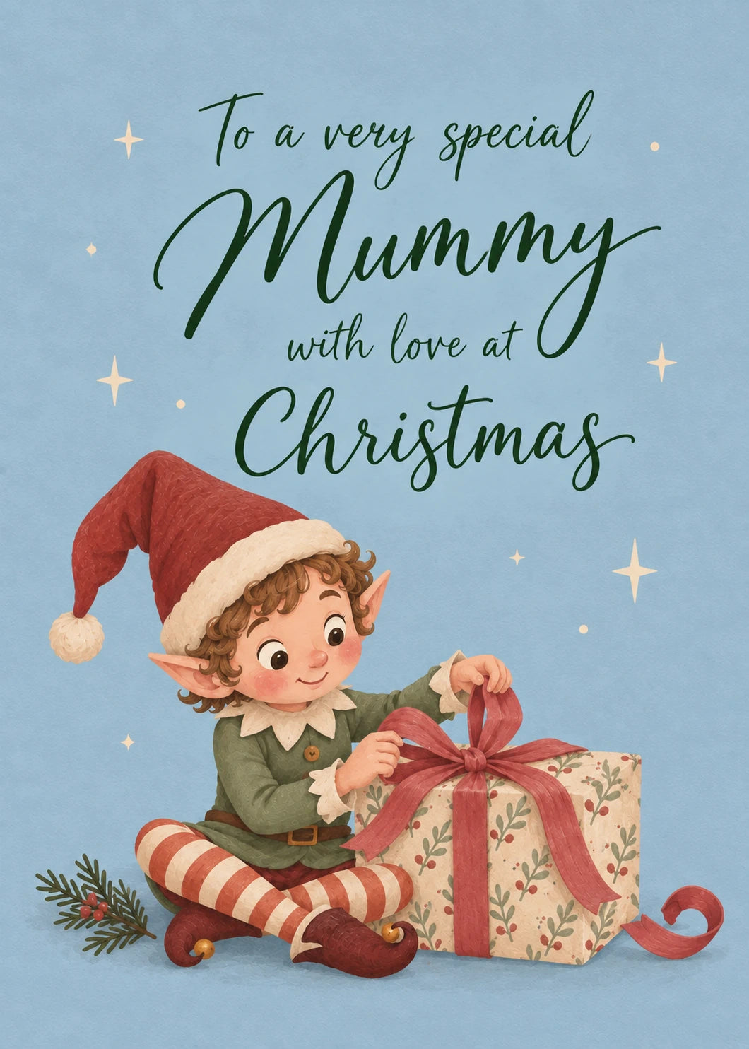 Cute Elf Unwrapping Gift Christmas Card for Her