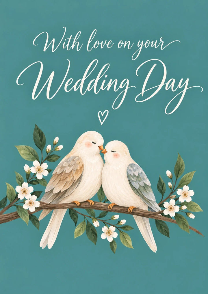 Teal Love Birds on Blossom Branch Wedding Card