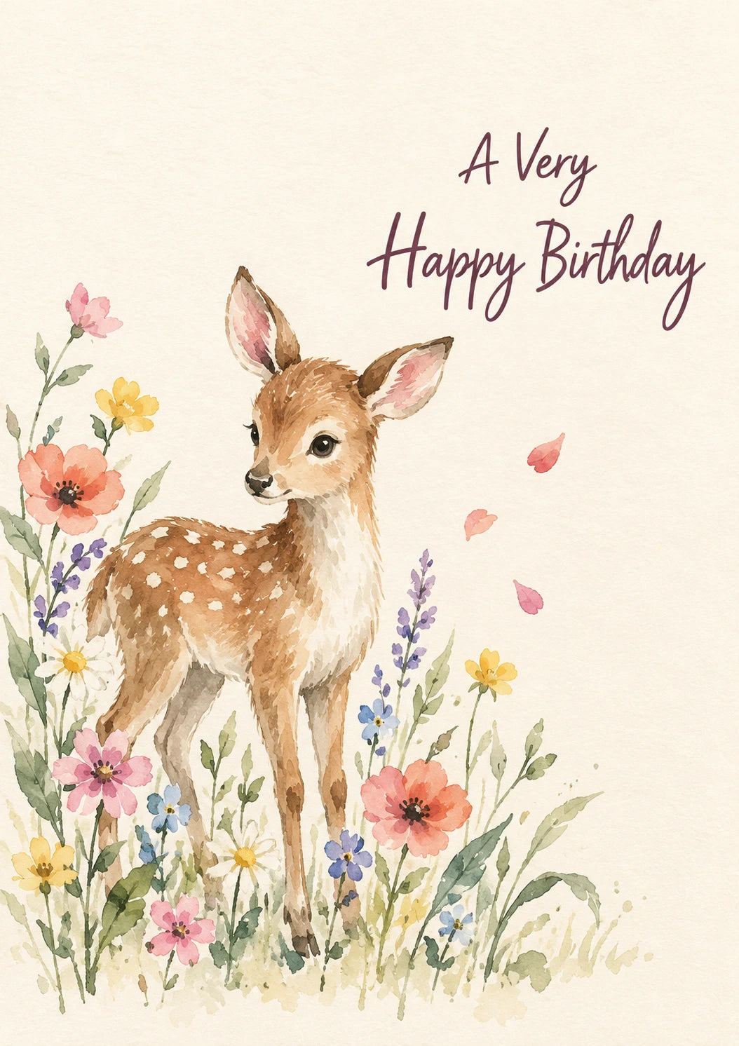 Watercolour Fawn Floral Birthday Card for Her