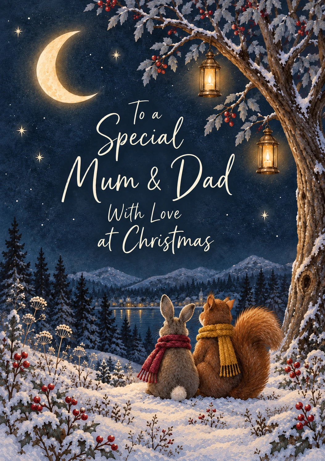 Woodland Animals Snowy Scene Christmas Card for Mum and Dad