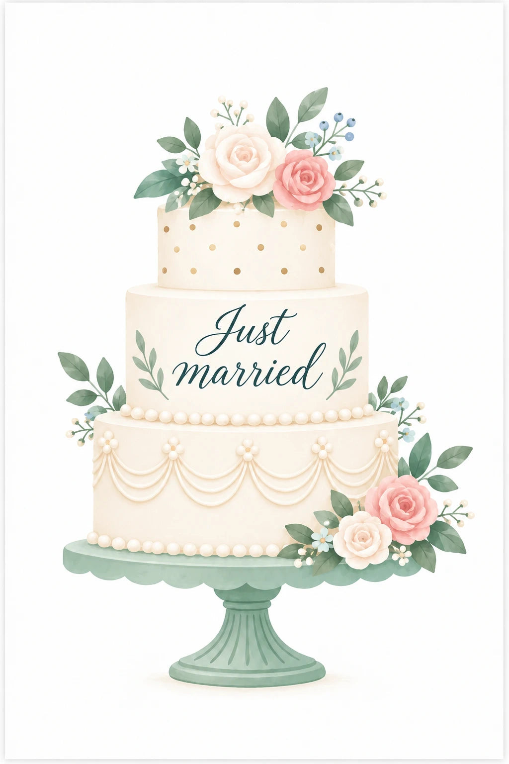 Just Married Tiered Floral Cake Wedding Card