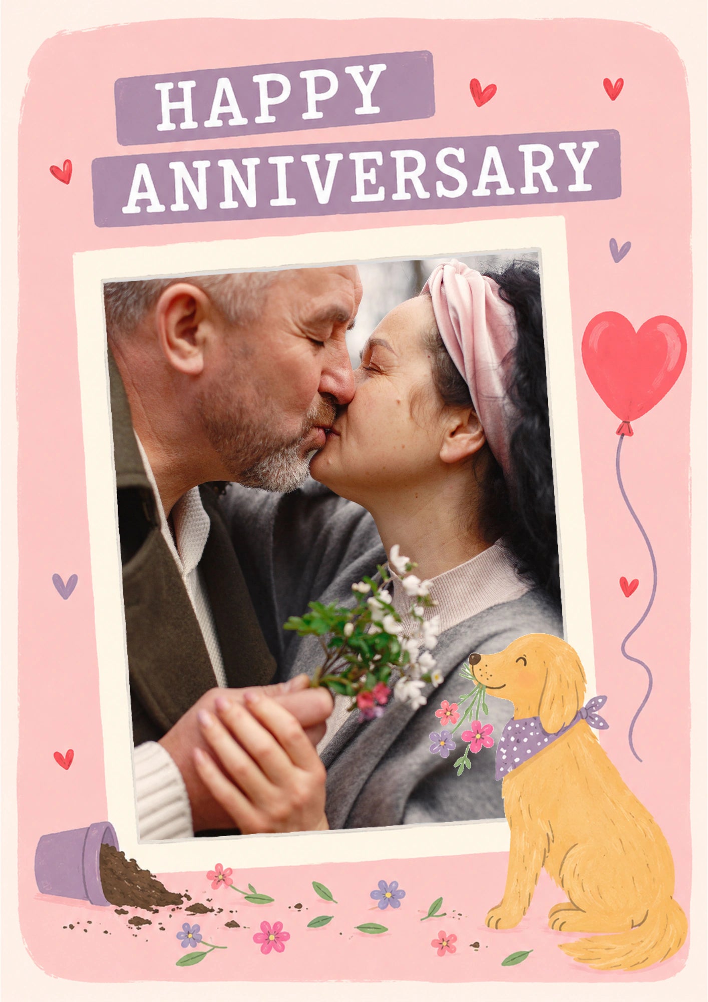 Cute Dog and Heart Balloon Photo Upload Anniversary Card