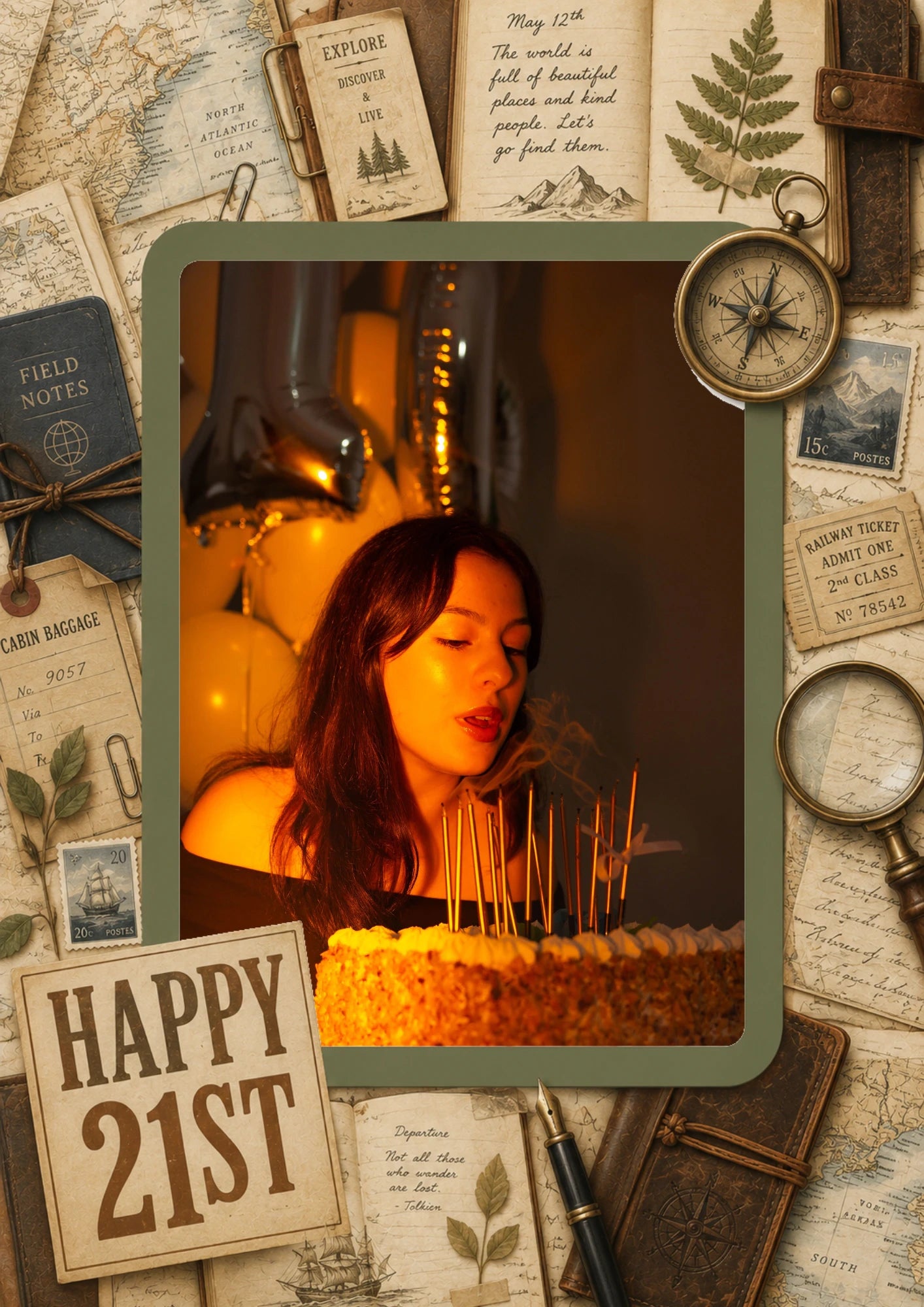 Vintage Travel Adventure Photo Upload 21st Birthday Card for Her