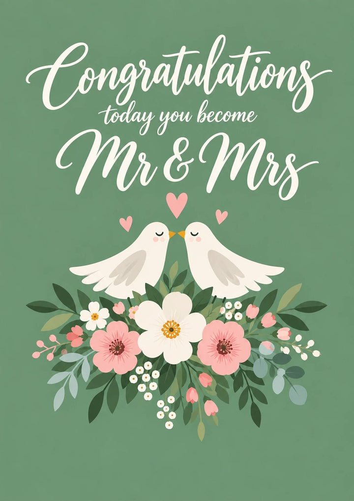 White Doves Floral Mr & Mrs Wedding Card