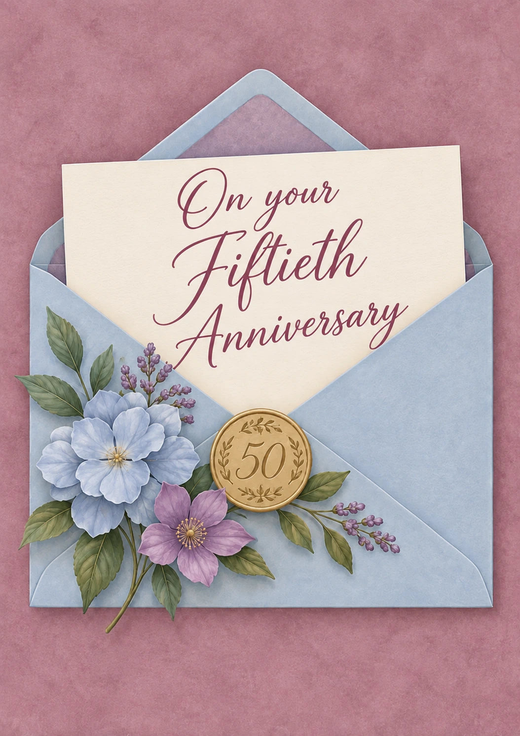 Blue Floral Envelope Seal 50th Anniversary Card