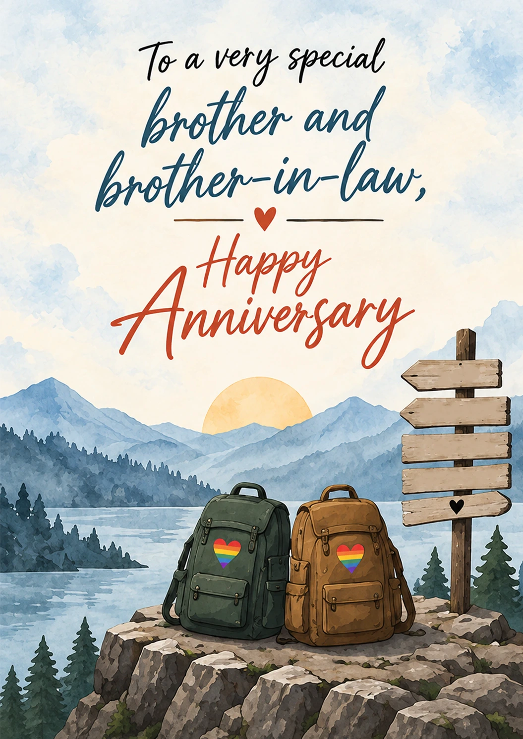 Rainbow Heart Backpacks Brother and Brother-in-Law Anniversary Card