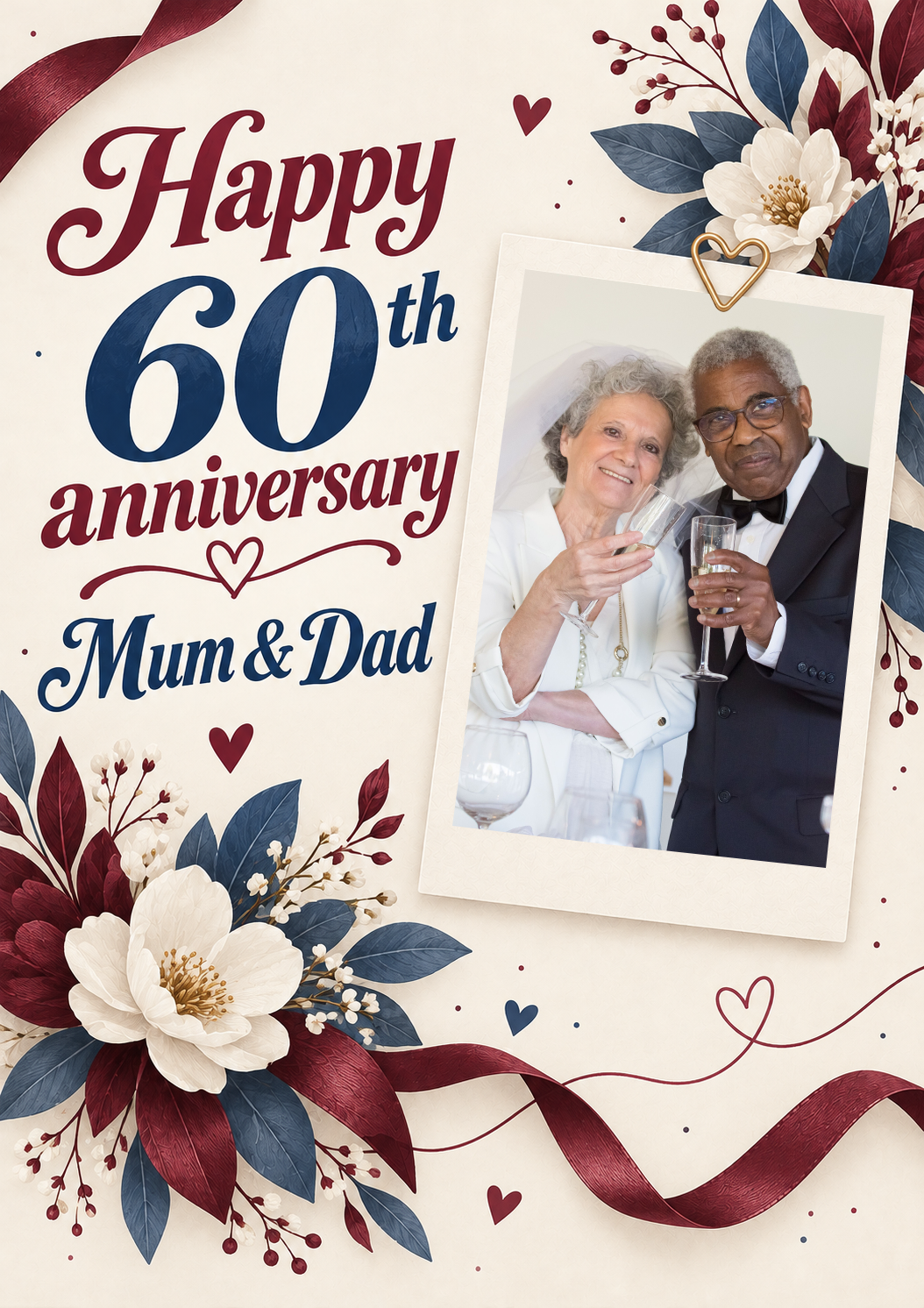 Diamond Anniversary Floral Photo Upload Birthday Card