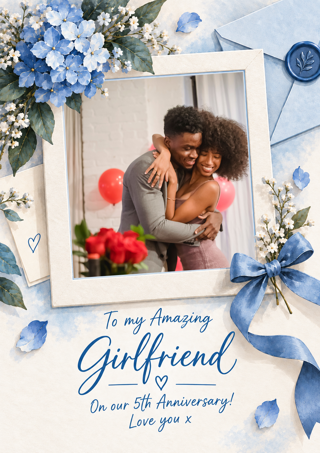 Blue Floral Bouquet Photo Upload 5th Anniversary Card for Her