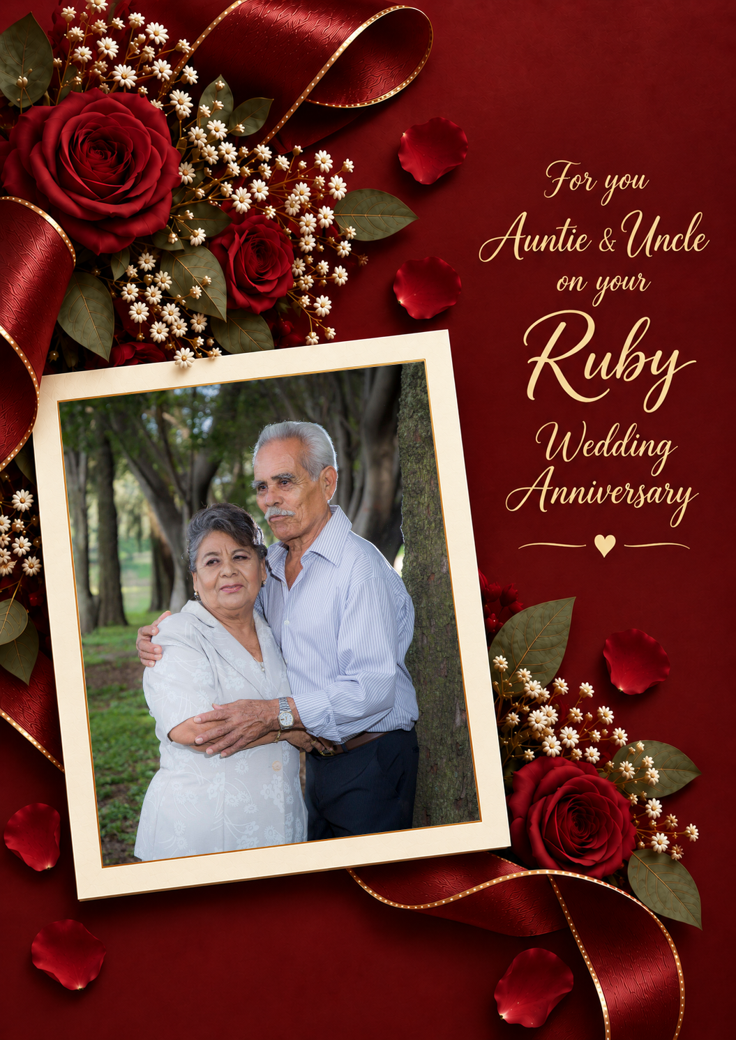 Ruby Red Roses Auntie and Uncle Photo Upload Anniversary Card