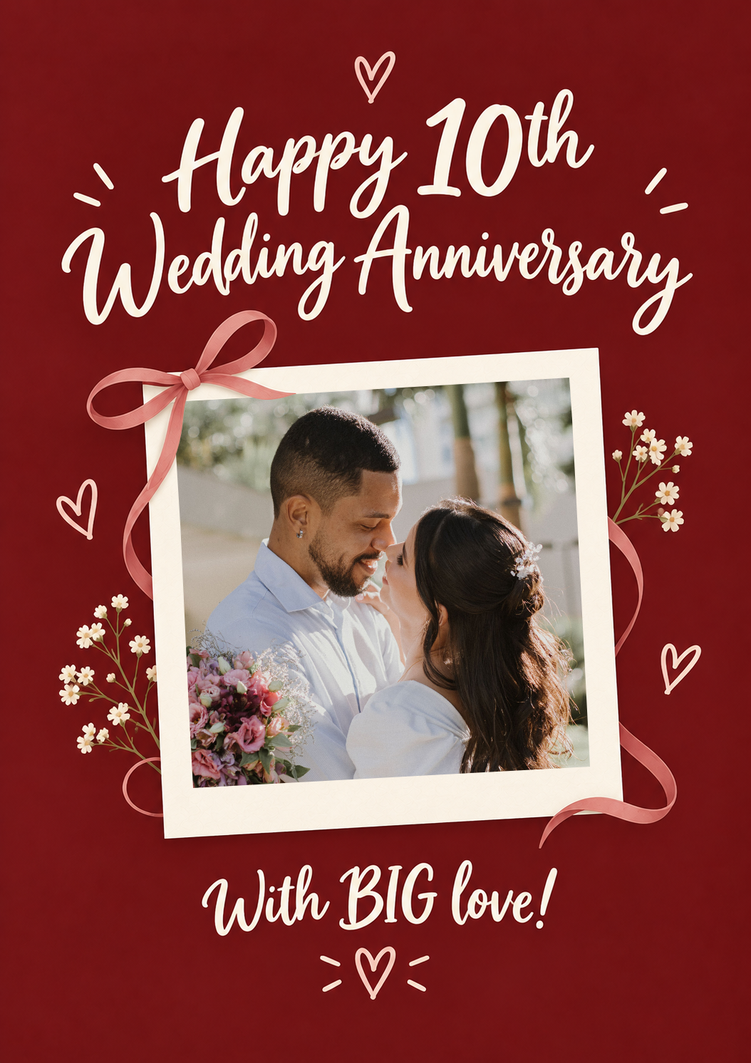 Red Bow Floral 10th Anniversary Photo Upload Card for Husband