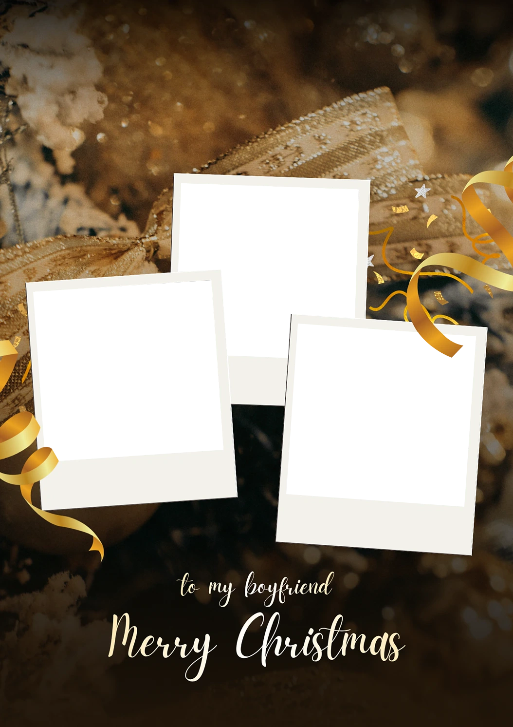 Gold Ribbon Three Photo Upload Christmas Card for Him