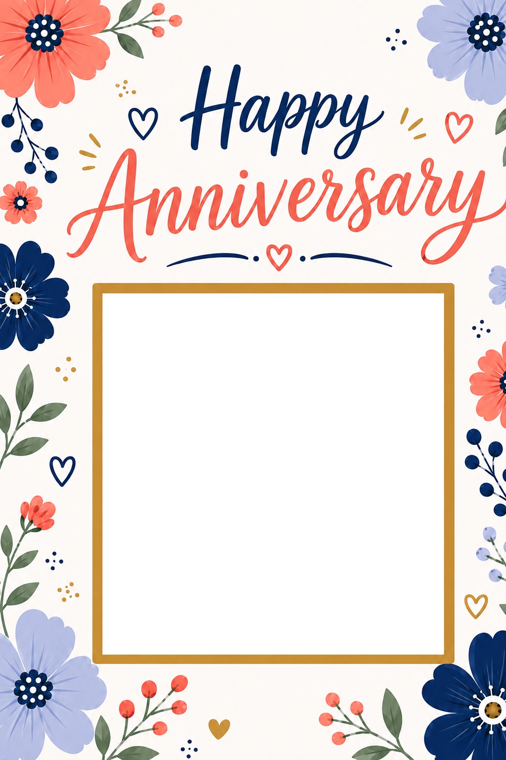 Coral and Blue Floral Photo Upload Anniversary Card