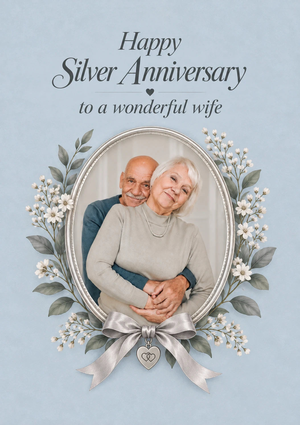 Silver Floral Oval Frame Photo Upload 25th Anniversary Card for Wife