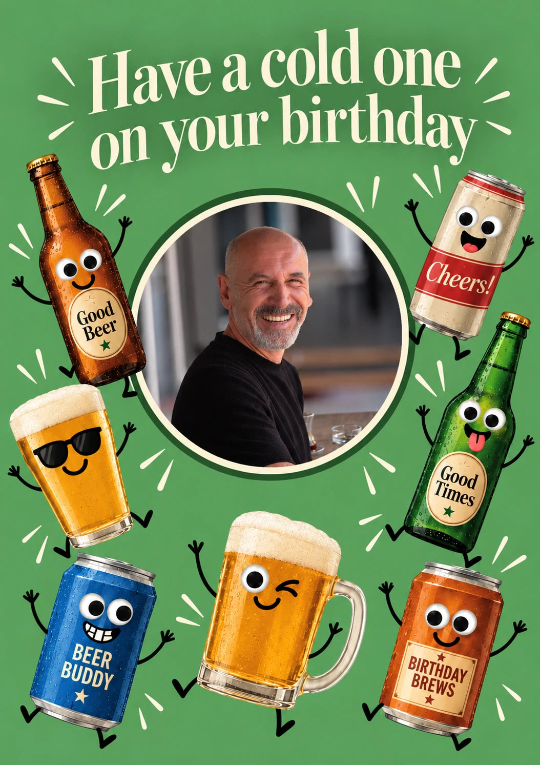 Funny Dancing Beer Characters Photo Upload Birthday Card for Him