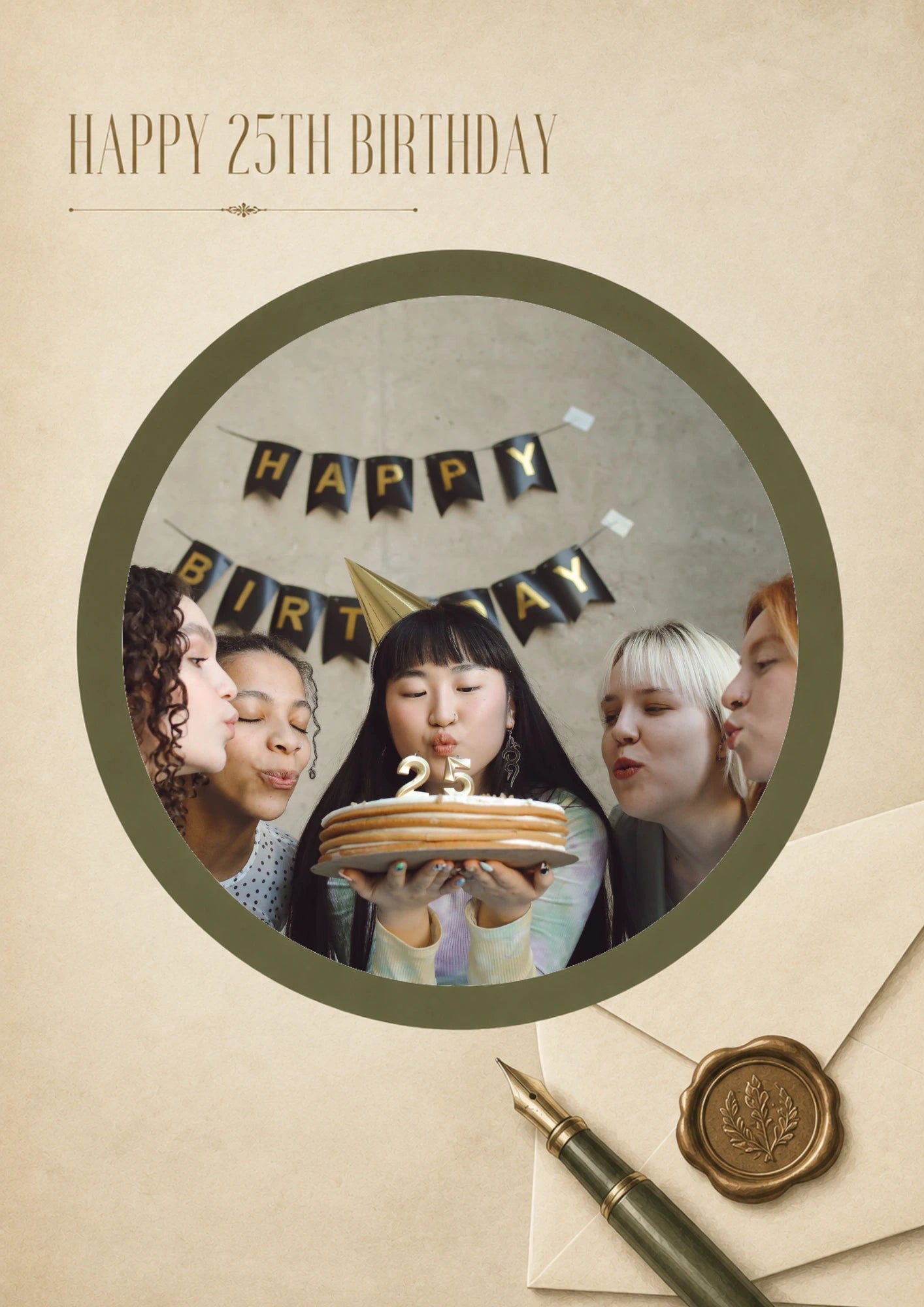 Vintage Olive Circle Happy 25th Photo Upload Birthday Card for Her