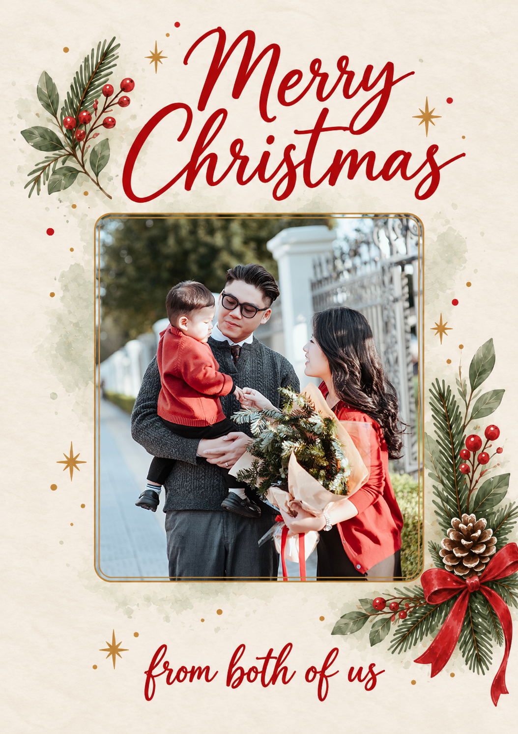 Watercolour Holly Wreath Photo Upload Christmas Card for Parents