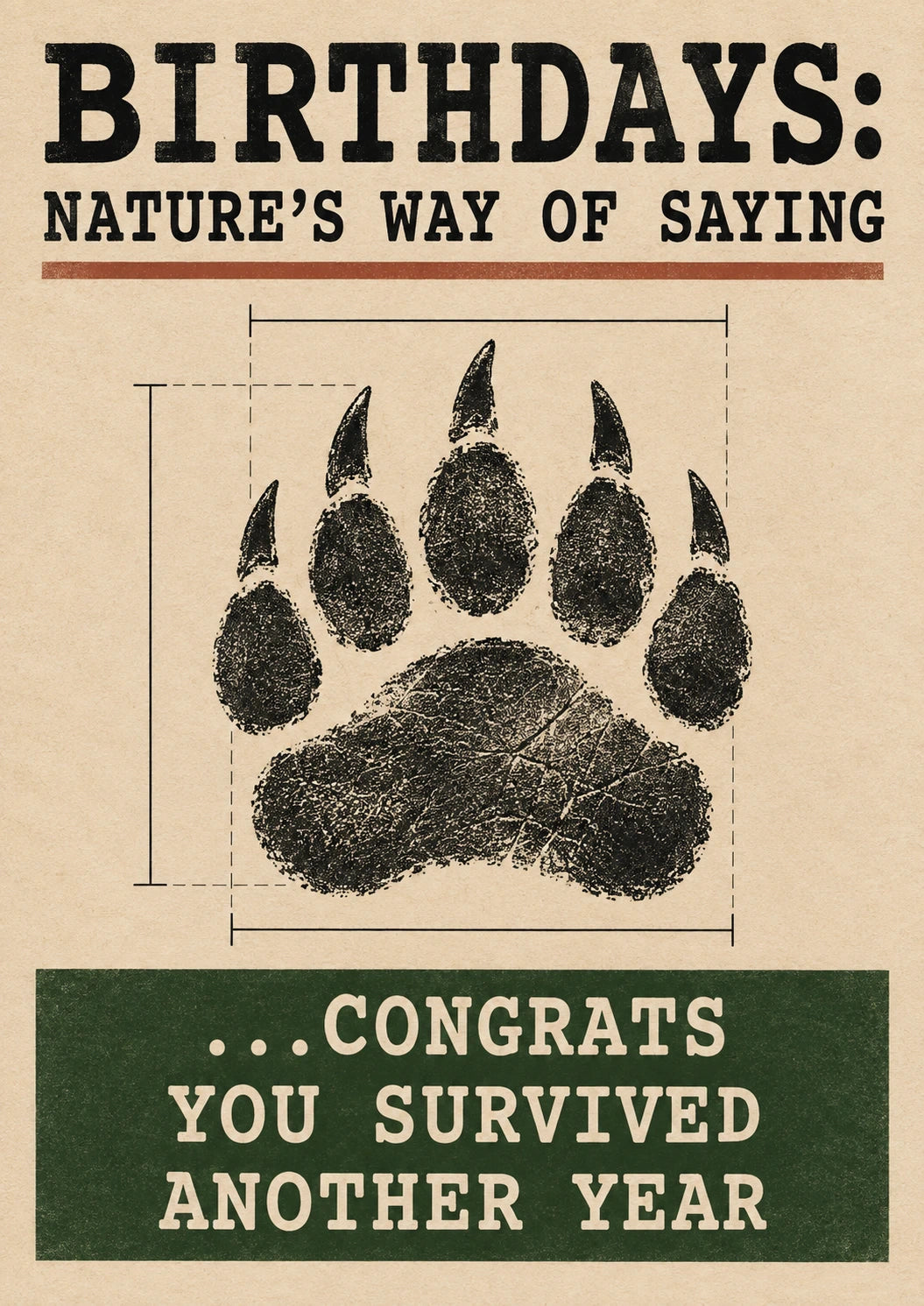 Funny Bear Paw Print Survived Another Year Birthday Card for Him