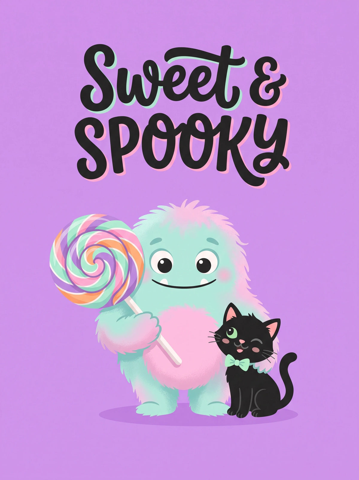 Sweet Fluffy Monster with Black Cat Halloween Card