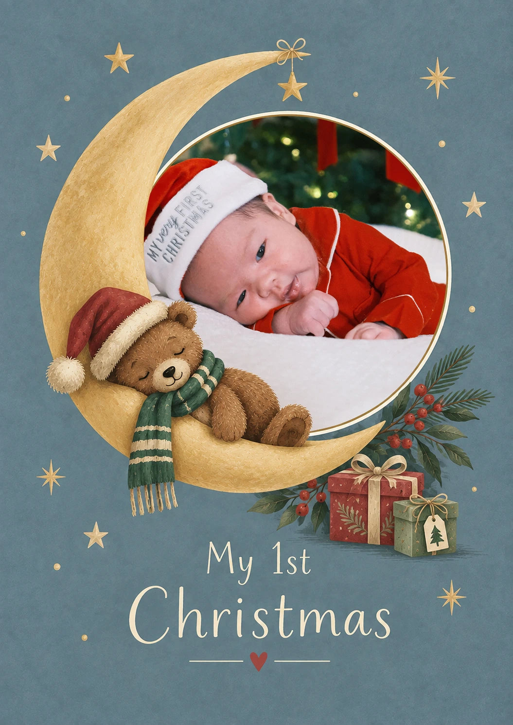 Sleeping Bear on Moon Photo Upload Christmas Card