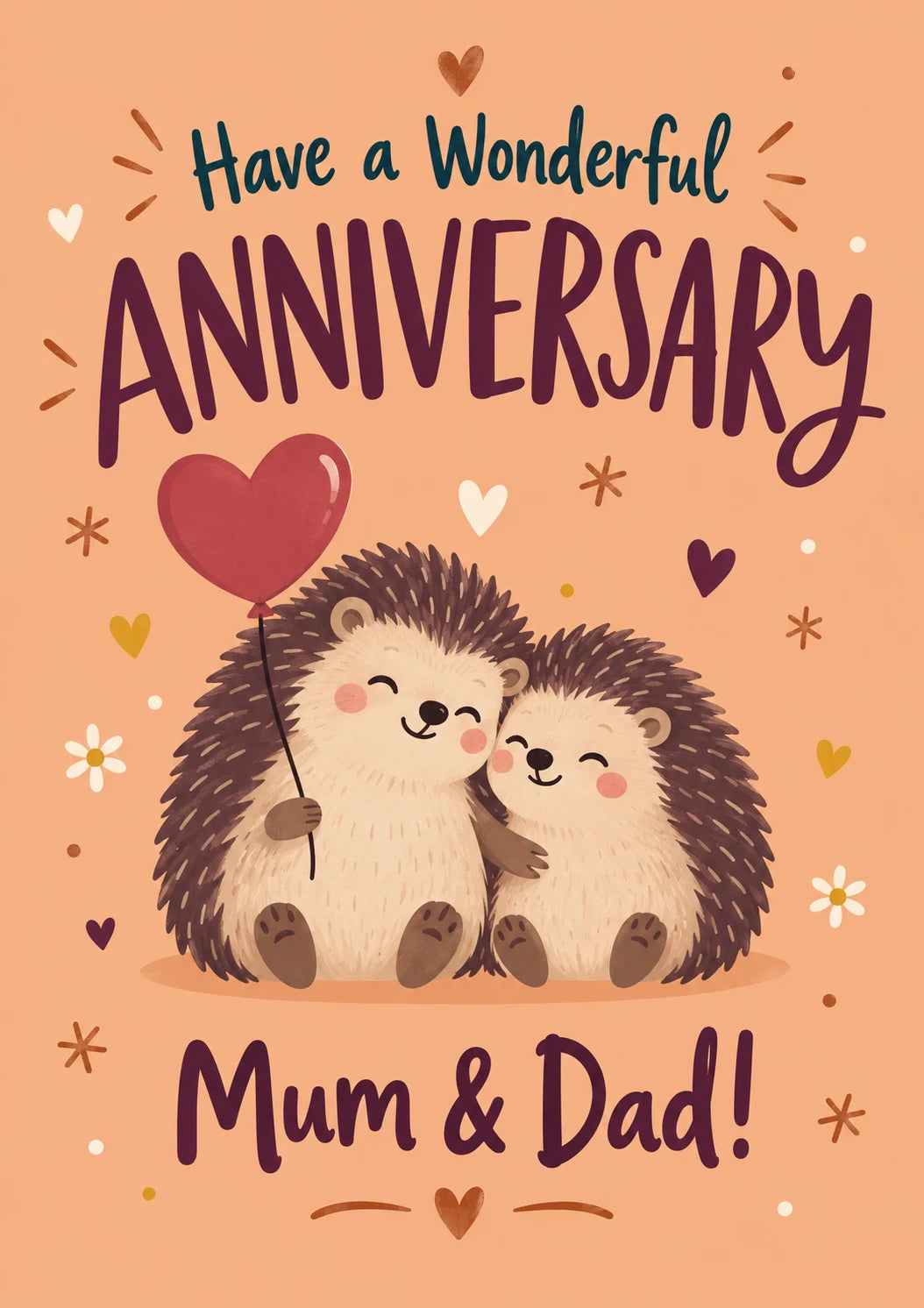 Cute Hedgehog Heart Balloon Anniversary Card for Mum and Dad